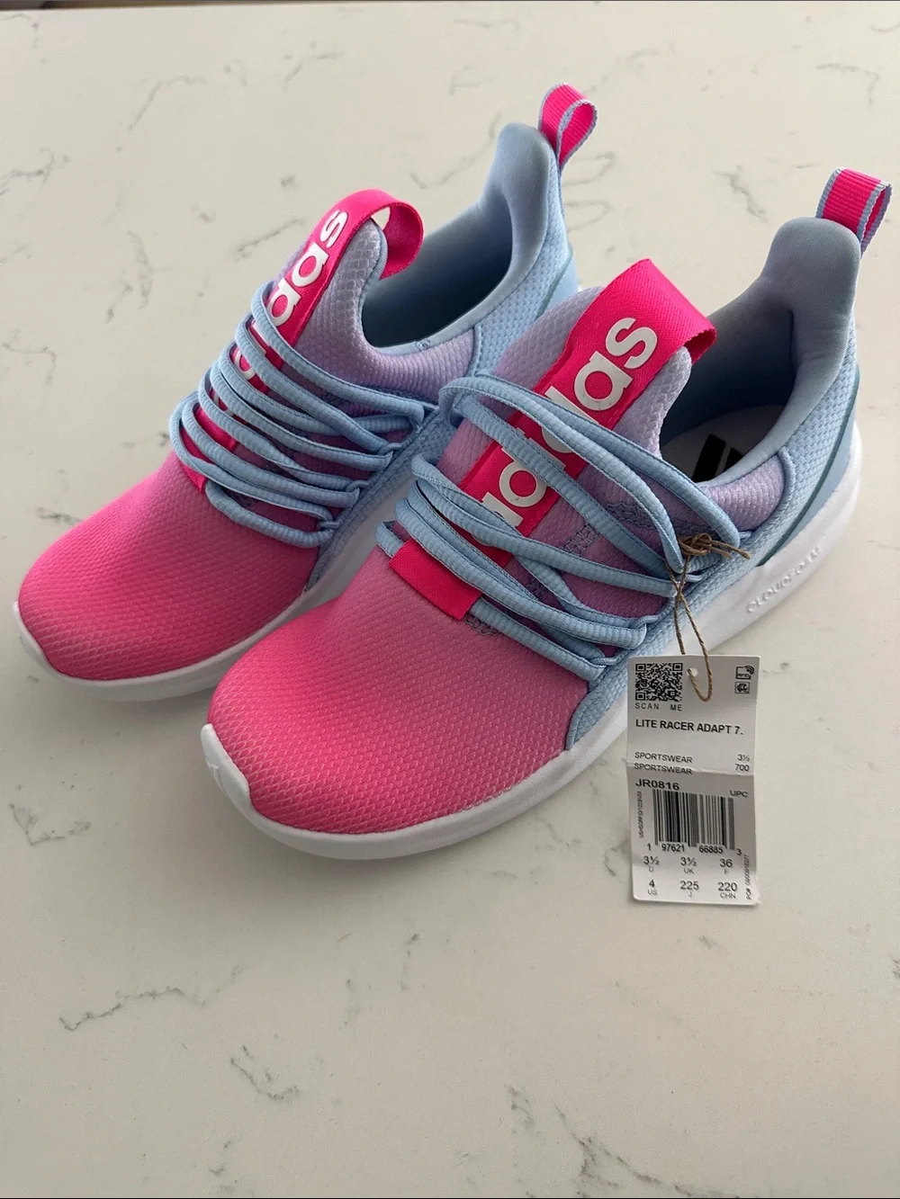 adidas Kids Pink and Light Blue Slip-On Sneakers with Elastic Laces